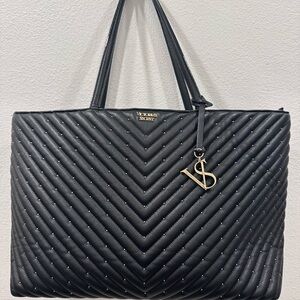 Victoria's Secret Black Quilted Chevron Tote with Gold VS Charm